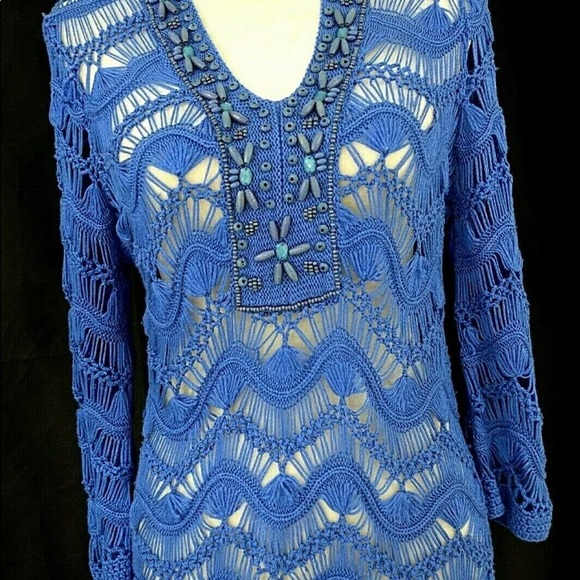 Chicos  Blue Open Knit 3/4 Sleeve Embellished V-Neck Pullover Sweater Sz… - Picture 3 of 10